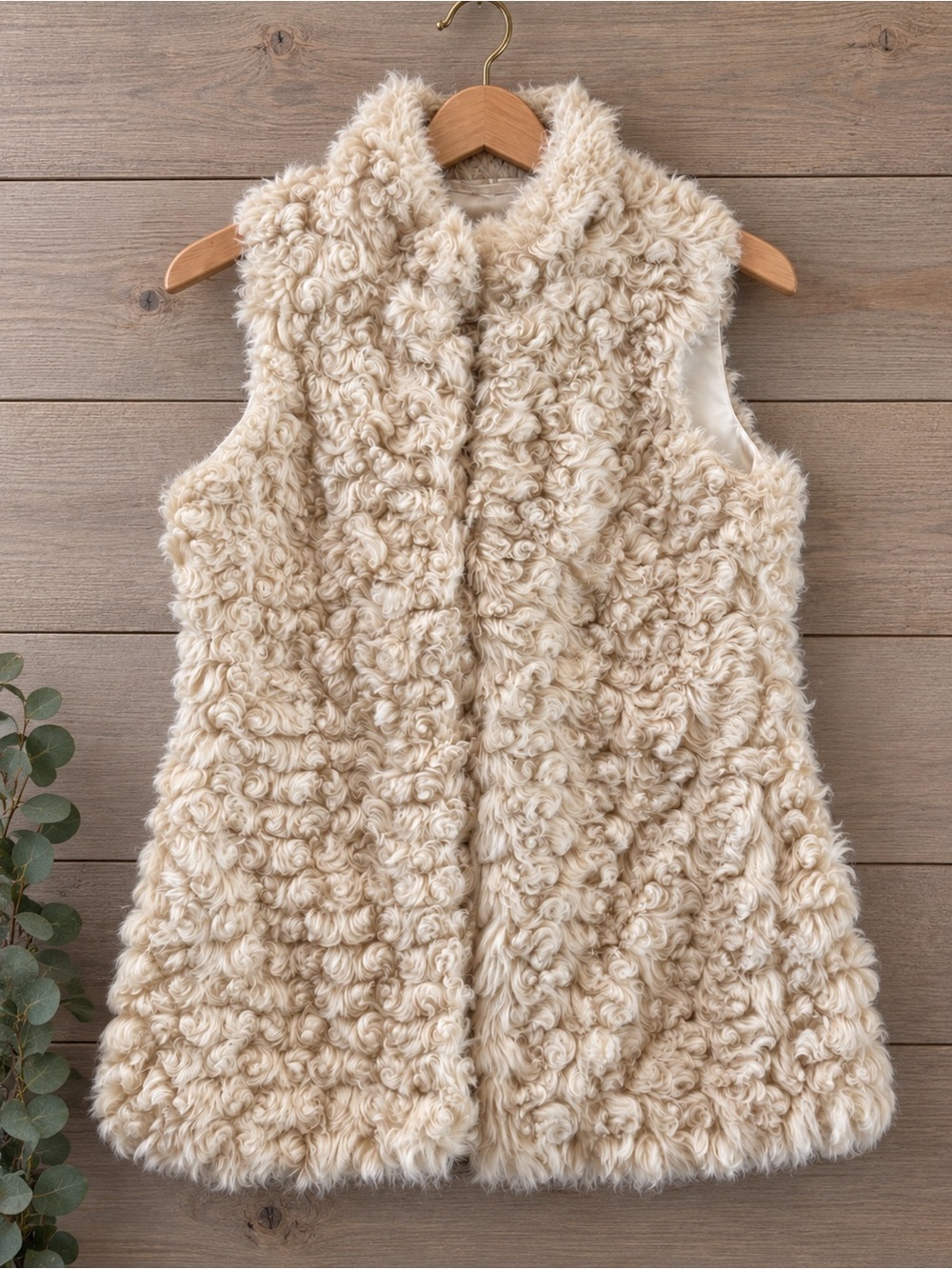 Live a Little Vintage Curly Faux Shearling Cream Vest Med Oversized Pockets Cozy